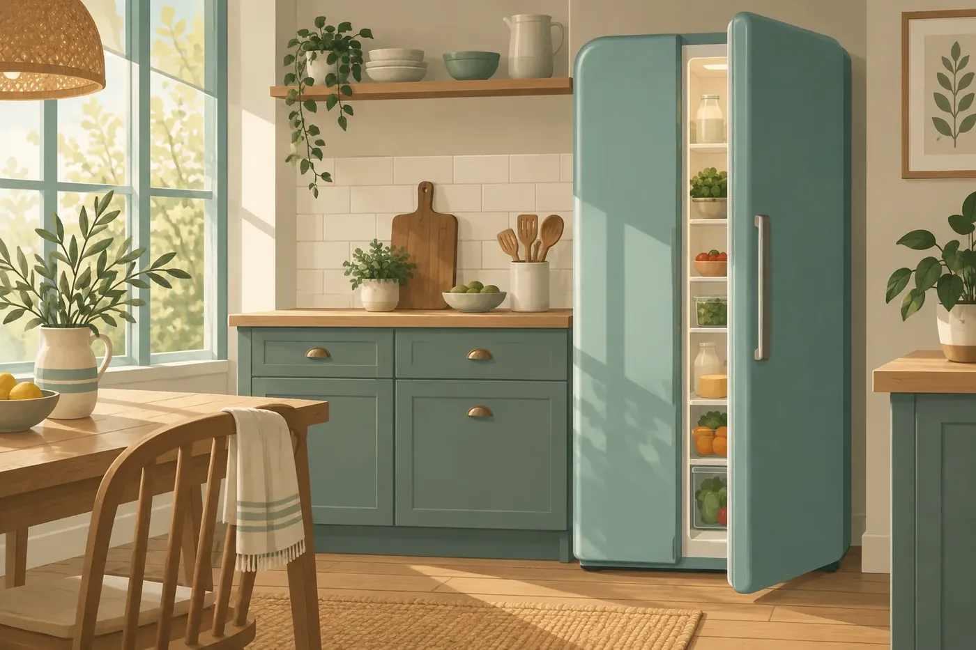 Illustration of a refrigerator in a kitchen setting